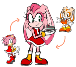 Size: 1019x900 | Tagged: safe, artist:sp-rings, amy rose, cream the rabbit, hybrid, cake, female, fusion, fusion:amy, fusion:cream, hedgerabbit, holding something, plate, reference inset, simple background, smile, solo, standing, white background