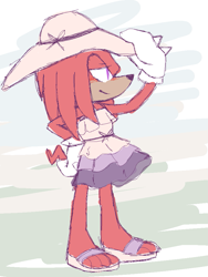 Size: 721x960 | Tagged: safe, artist:sp-rings, knuckles the echidna, echidna, abstract background, dress, hat, lidded eyes, looking offscreen, male, sandals, smile, solo, standing