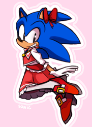 Size: 660x911 | Tagged: safe, artist:sp-rings, sonic the hedgehog, hedgehog, bow, character name, dress, heels, looking back, male, outline, pink background, simple background, smile, solo, tights