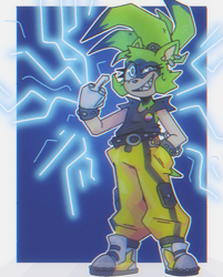 Size: 717x892 | Tagged: safe, artist:inkthemandrake, surge the tenrec, abstract background, border, electricity, eye twitch, hand in pocket, looking at viewer, middle finger, nonbinary, smile, solo, standing