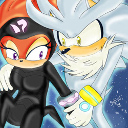 Size: 500x500 | Tagged: safe, artist:sajisu, shade the echidna, silver the hedgehog, echidna, hedgehog, 2009, holding hands, purple eyes, shipping, silvade, star (sky), straight, yellow eyes