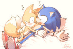Size: 1748x1179 | Tagged: safe, artist:完獄, miles "tails" prower, sonic the hedgehog, bed, blushing, cute, duo, gay, holding each other, lying down, shipping, signature, simple background, sleeping, sonabetes, sonic x tails, tailabetes, white background, zzz