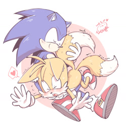 Size: 1332x1327 | Tagged: safe, artist:完獄, miles "tails" prower, sonic the hedgehog, abstract background, blushing, cute, duo, embarrassed, eyes closed, floppy ears, fluffy, gay, heart, lying on front, mouth open, shipping, shivering, signature, sitting, smile, sonabetes, sonic x tails, tail grab, tailabetes