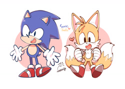 Size: 1401x995 | Tagged: safe, artist:完獄, miles "tails" prower, sonic the hedgehog, abstract background, blushing, character name, chibi, cute, duo, heart, signature, sonabetes, standing, tailabetes