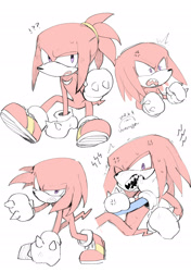 Size: 1748x2480 | Tagged: safe, artist:完獄, knuckles the echidna, sonic the hedgehog, angry, cross popping vein, duo, exclamation mark, fighting pose, gay, hand on another's face, knuxonic, male, males only, offscreen character, one eye closed, ponytail, question mark, saliva, shipping, signature, simple background, solo focus, white background