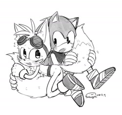Size: 1748x1641 | Tagged: safe, artist:完獄, miles "tails" prower, sonic the hedgehog, blushing, cute, duo, gay, greyscale, holding tail, looking at each other, male, males only, mouth open, shipping, signature, simple background, sitting, sonabetes, sonic boom (tv), sonic x tails, sweatdrop, tail grab, tailabetes, white background