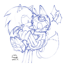 Size: 1115x1129 | Tagged: safe, artist:完獄, miles "tails" prower, sonic the hedgehog, astraphobia, carrying them, crying, cute, duo, gay, lightning, scared, shipping, signature, simple background, sketch, sonabetes, sonic boom (tv), sonic x tails, speech bubble, standing, sweatdrop, tailabetes, tears, tears of fear, white background