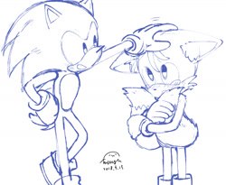 Size: 1440x1179 | Tagged: safe, artist:完獄, miles "tails" prower, sonic the hedgehog, blushing, crying, cute, duo, ear fluff, floppy ears, gay, head pat, holding tail, looking at each other, mouth open, shipping, simple background, sketch, smile, sonic x tails, standing, tears, white background