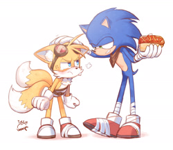 Size: 2340x2038 | Tagged: safe, artist:完獄, miles "tails" prower, sonic the hedgehog, annoyed, bending over, blushing, chili dog, cute, duo, floppy ears, frown, head pat, holding something, huffing, looking at each other, male, males only, redraw, shadow (lighting), signature, simple background, smile, sonic boom (tv), standing, white background