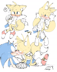 Size: 1916x2403 | Tagged: suggestive, artist:完獄, miles "tails" prower, sonic the hedgehog, blushing, butt grab, chest grab, crotch grab, cute, duo, gay, heart, heart eyes, kiss, question mark, shipping, signature, simple background, sonic x tails, sweatdrop, white background