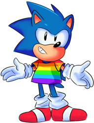 Size: 312x408 | Tagged: artist needed, safe, sonic the hedgehog, hedgehog, looking at viewer, male, pride, shirt, simple background, smile, solo, standing, transparent background