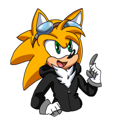 Size: 2048x2048 | Tagged: safe, artist:taeko, oc, oc:spark the hedgehog (taeko), hedgehog, bust, chest fluff, electrical gloves, fankid, goggles, goggles on head, green eyes, jacket, looking offscreen, magical gay spawn, male, mouth open, oc only, one fang, parent:sonic, parent:tails, parents:sontails, pointing, simple background, smile, solo, transparent background, yellow fur