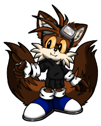 Size: 2321x2907 | Tagged: safe, artist:taeko, miles "tails" prower, oc, oc:miley "colitas" prower, fox, alternate universe, alternate version, autistic, beanbrows, blue shoes, eyelashes, fangs, female, fingerless gloves, goggles, goggles on head, hoodie, lesbian, looking offscreen, mobius.social exclusive, pointing, redesign, simple background, skirt, smile, solo, trans female, transparent background, yellow sclera