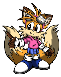 Size: 2321x2907 | Tagged: safe, artist:taeko, miles "tails" prower, fox, alternate version, beanbrows, blue shoes, eyelashes, fangs, female, fingerless gloves, goggles, hoodie, lesbian, mobius.social exclusive, redesign, simple background, skirt, smile, solo, trans female, transgender, transparent background