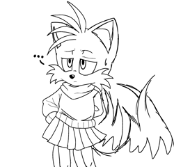 Size: 2048x1967 | Tagged: safe, artist:taeko, miles "tails" prower, fox, ..., female, frown, hand on hip, hands behind back, looking offscreen, mobius.social exclusive, simple background, sketch, skirt, solo, standing, sweatdrop, sweater, trans female, transgender, white background