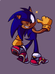 Size: 960x1280 | Tagged: safe, artist:skeletonpendeja, sonic the hedgehog, hedgehog, sonic adventure 2, alternate version, eyelashes, looking back, male, pointing, purple background, simple background, smile, soap shoes, solo, star (symbol), yellow gloves