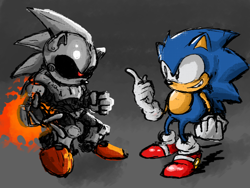 Size: 2048x1536 | Tagged: safe, artist:skipysstuff, silver sonic, sonic the hedgehog, hedgehog, abstract background, black sclera, classic sonic, duo, fire, genderless, looking at each other, male, pointing, robot, smile, standing