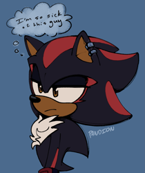 Size: 1503x1789 | Tagged: safe, artist:halcyon-pandion, shadow the hedgehog, hedgehog, sonic prime s2, blue background, ear piercing, english text, frown, looking offscreen, male, signature, simple background, solo, thought bubble