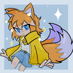 Size: 2048x2048 | Tagged: safe, artist:princess401, miles "tails" prower, human, abstract background, border, clothes, heart, humanized, looking at viewer, male, smile, solo, sparkles
