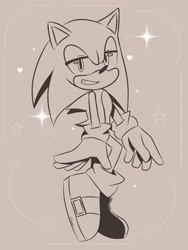 Size: 1536x2048 | Tagged: safe, artist:princess401, sonic the hedgehog, hedgehog, sonic frontiers, beige background, lidded eyes, male, monochrome, posing, redraw, simple background, smile, solo, sparkles