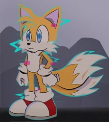 Size: 1829x2048 | Tagged: safe, artist:princess401, miles "tails" prower, fox, sonic frontiers, abstract background, glitch, hand on hip, looking offscreen, male, redraw, smile, solo, standing
