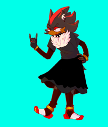 Size: 618x723 | Tagged: safe, artist:carnation-damnation, shadow the hedgehog, hedgehog, blue background, chest fluff, ear fluff, goth, goth shadow, horn sign, lidded eyes, looking offscreen, nonbinary, shirt, simple background, skirt, solo, spiked collar, standing