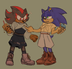 Size: 1589x1533 | Tagged: safe, artist:carnation-damnation, shadow the hedgehog, sonic the hedgehog, hedgehog, boots, dress, duo, ear piercing, gay, green background, holding something, ice cream, male, nonbinary, pointing, shadow x sonic, shipping, shirt, shorts, simple background, standing, trans male, transgender