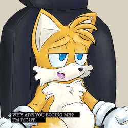Size: 2048x2048 | Tagged: safe, artist:seagull-scribbles, miles "tails" prower, fox, beige background, chair, dialogue, english text, lidded eyes, looking offscreen, male, meme, mouth open, simple background, sitting, solo