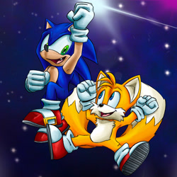 Size: 2048x2048 | Tagged: safe, artist:seagull-scribbles, miles "tails" prower, sonic the hedgehog, fox, hedgehog, abstract background, duo, male, males only, mid-air, one fang, redraw, sonic colors ultimate, space, star (sky)