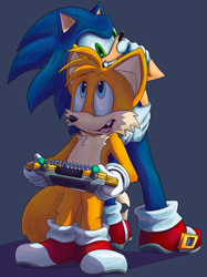 Size: 1535x2048 | Tagged: safe, artist:seagull-scribbles, miles "tails" prower, sonic the hedgehog, fox, hedgehog, blue background, duo, holding something, looking at each other, male, males only, miles electric, mouth open, one fang, shadow (lighting), simple background, smile, standing