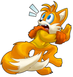 Size: 1947x2048 | Tagged: safe, artist:seagull-scribbles, miles "tails" prower, fox, barefoot, claws, coat, fangs, gloves off, leg fluff, looking up, male, mouth open, scared, simple background, solo, transparent background