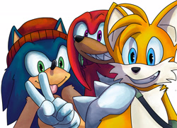 Size: 2048x1485 | Tagged: safe, artist:seagull-scribbles, knuckles the echidna, miles "tails" prower, sonic the hedgehog, echidna, fox, hedgehog, beanie, hand on another's shoulder, looking at camera, male, males only, selfie, sharp teeth, simple background, smile, standing, team sonic, tongue out, transparent background, trio, v sign