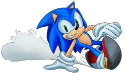 Size: 2048x1203 | Tagged: safe, artist:seagull-scribbles, sonic the hedgehog, hedgehog, dust clouds, looking at viewer, male, simple background, skidding, smile, solo, transparent background