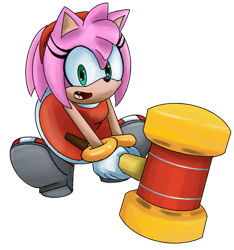 Size: 1590x1697 | Tagged: safe, artist:seagull-scribbles, amy rose, hedgehog, female, holding something, mouth open, one fang, piko piko hammer, simple background, smile, solo, transparent background