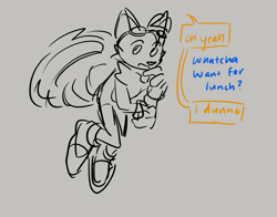 Size: 1645x1290 | Tagged: safe, artist:solfinite, miles "tails" prower, fox, dialogue, english text, flying, grey background, male, offscreen character, simple background, sketch, solo, sonic riders, spinning tails