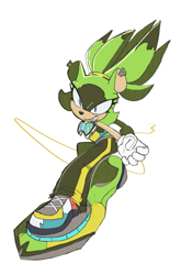 Size: 1243x1881 | Tagged: safe, artist:soybean-official, surge the tenrec, tenrec, extreme gear, female, goggles, goggles around neck, looking ahead, riders style, simple background, smile, solo, sonic riders, white background