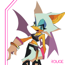 Size: 1314x1314 | Tagged: safe, artist:tsiot, rouge the bat, bat, character name, female, looking at viewer, mouth open, simple background, smile, solo, sonic riders, standing, white background