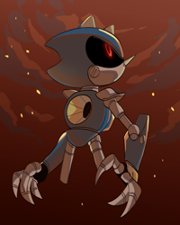 Size: 2000x2500 | Tagged: safe, artist:cuterozhok, metal sonic, sonic the ova, abstract background, black sclera, clouds, genderless, looking up, redraw, robot, solo, standing