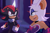 Size: 2000x1300 | Tagged: safe, artist:cuterozhok, rouge the bat, shadow the hedgehog, bat, hedgehog, abstract background, duo, female, frown, looking at each other, male, redraw, smile, sonic x, standing