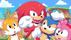 Size: 3738x2129 | Tagged: safe, artist:gaminggoru, amy rose, knuckles the echidna, miles "tails" prower, sonic the hedgehog, sonic origins, classic amy, classic knuckles, classic sonic, classic tails