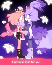 Size: 800x1000 | Tagged: safe, artist:sharkking13, amy rose, blaze the cat, cat, hedgehog, 2023, amy x blaze, crown, cute, female, females only, hand on cheek, lesbian, shipping, tears