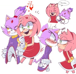 Size: 1868x1810 | Tagged: safe, artist:chetto_with_tt, amy rose, blaze the cat, cat, hedgehog, 2023, amy x blaze, amy's halterneck dress, blaze's tailcoat, blushing, cute, english text, female, females only, hearts, holding arm, lesbian, nose boop, shipping