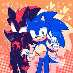 Size: 2048x2048 | Tagged: safe, artist:mokaturu_ma, shadow the hedgehog, sonic the hedgehog, abstract background, blushing, duo, gay, holding another's arm, looking at viewer, male, males only, shadow x sonic, shipping, smile, standing, top surgery scars, trans male, transgender, v sign, wagging tail