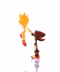 Size: 1715x2048 | Tagged: safe, artist:xmollq, shadow the hedgehog, sonic the hedgehog, super sonic, hedgehog, duo, eyes closed, flying, gay, holding hands, male, males only, reflection, shadow x sonic, shipping, simple background, standing, super form, white background