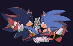 Size: 2048x1306 | Tagged: safe, artist:hyeon_sonic, shadow the hedgehog, sonic the hedgehog, hedgehog, book, duo, frown, gay, lidded eyes, looking at each other, male, males only, shadow x sonic, shipping, simple background, sitting, smile