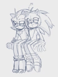 Size: 768x1024 | Tagged: safe, artist:adiee_f, shadow the hedgehog, sonic the hedgehog, hedgehog, blushing, duo, english text, frown, gay, grey background, lidded eyes, male, males only, shadow x sonic, shipping, simple background, sitting, sketch, smile