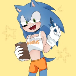 Size: 1968x1968 | Tagged: safe, artist:revvonox, sonic the hedgehog, hedgehog, clipboard, holding something, hooters outfit, male, mouth open, pen, simple background, smile, solo, standing, star (symbol), watermark, yellow background