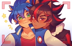 Size: 1300x836 | Tagged: safe, artist:reo_ruus, shadow the hedgehog, sonic the hedgehog, human, blushing, duo, ear piercing, gay, humanized, lidded eyes, looking at camera, male, males only, selfie, shadow x sonic, shipping, smile, standing, star (symbol)