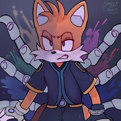 Size: 1280x1280 | Tagged: safe, artist:sleepyartor, miles "tails" prower, nine, fox, sonic prime, abstract background, clenched teeth, lidded eyes, looking offscreen, male, paint, signature, solo, standing