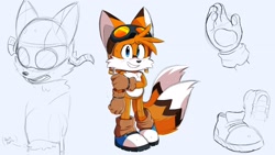 Size: 1920x1080 | Tagged: safe, artist:justin61894350, miles "tails" prower, fox, blue shoes, brown gloves, freckles, goggles, looking at viewer, male, pilot hat, redesign, simple background, sketch, smile, solo, standing
